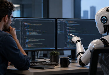 Software developer and humanoid robot review code displayed across two office monitors