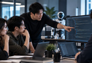 Software development team reviews code on a monitor with a humanoid robot in the background